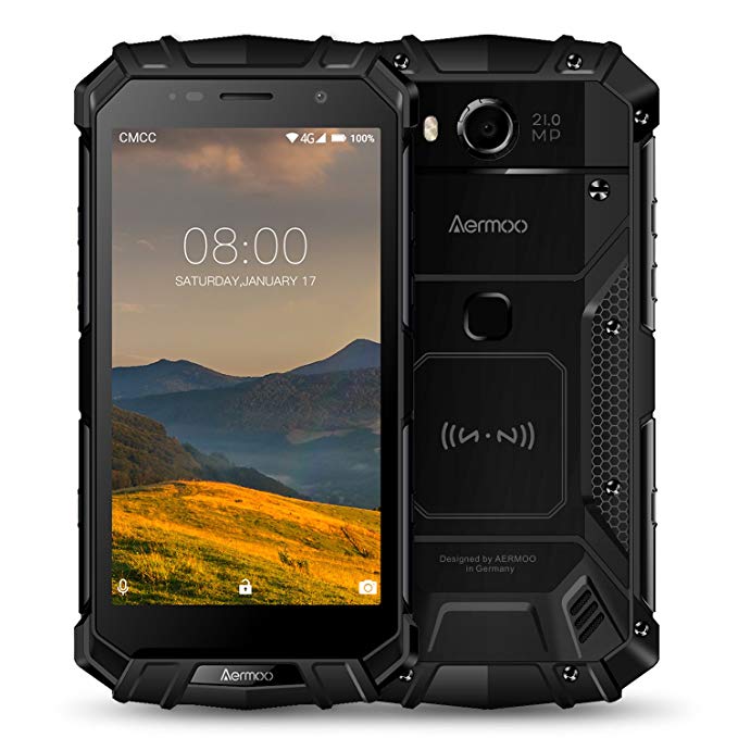 Rugged Cell Phones Unlocked, Aermoo M1 4G LTE Dual Sim GSM Outdoor Smartphone Android 7.0 5580mAh Helio P25 Octa-core 5.2'' FHD IP68 Waterproof Dustproof Shockproof mobile Phone 64GB ROM 6GB RAM-Black